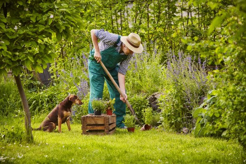 A woman wearing a straw hat, checkered shirt, and teal overalls is tending to a garden in a lush, green outdoor space, bending over while using a gardening tool near a small wooden crate filled with potted plants. The garden features a well-maintained lawn with vibrant, evenly cut grass in the foreground, and is bordered by a variety of dense plants, shrubs, and tall purple flowering plants, creating a natural enclosure. A brown dog sits attentively nearby, observing the woman's gardening activity. The background reveals a mix of leafy trees and bushes, providing shade and a sense of privacy. The scene is illuminated by soft natural daylight, suggesting a clear, mild weather condition, and reflects the outdoor gardening services provided by companies like Landscapers Barnet in the Barnet postcode area. This image captures a peaceful, well-maintained garden environment dedicated to outdoor beautification and plant care, emphasizing natural textures, lush greenery, and a vibrant, inviting landscape suitable for professional gardening and landscaping services.