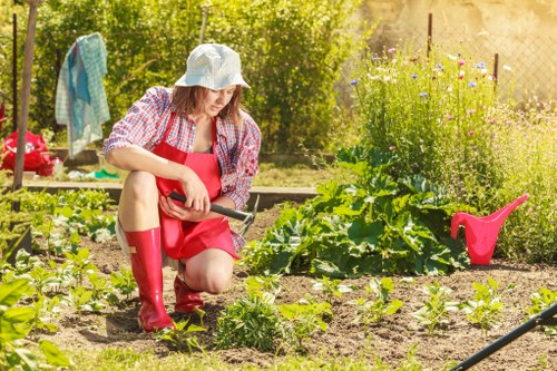 A woman dressed in a red apron, pink checkered shirt, and red rubber boots is kneeling in a sunny garden, tending to small leafy green plants planted in neat rows in the soil. She is using a trowel to carefully work around the plants, with her head slightly bowed and a gentle smile. Behind her, the garden features a variety of plants, including taller leafy greens and flowering plants, with a backdrop of trees and shrubs that provide natural shade. To her right, a pink watering can sits on the ground, and nearby a garden rake leans against a flower bed border. In the background, a line of vibrant flowers and a cloth hanging on a clothesline adds colour to the scene. The garden appears well-maintained with healthy, thriving plants, packed with natural light and a warm weather atmosphere, conducive to outdoor gardening and landscaping activities typical of a garden in Barnet or surrounding areas. The scene exudes a peaceful, productive outdoor environment aligned with professional gardening services by Landscapers Barnet, supporting garden maintenance and landscaping needs.