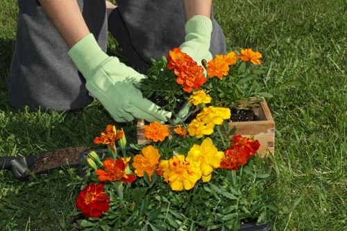 Staff using protective equipment during landscaping tasks